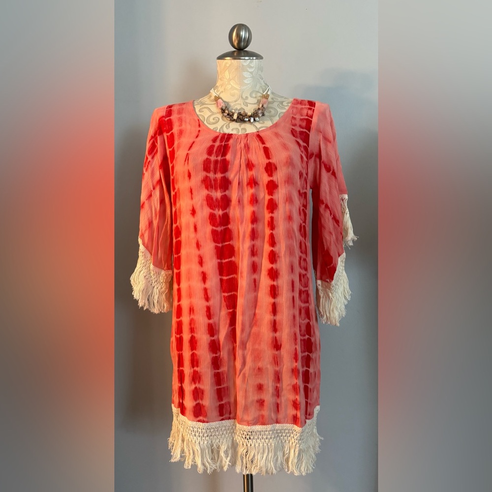 🆕 Umgee Tie Dye Tassel & Fringe Tunic Mini Dress Size Small.    #47